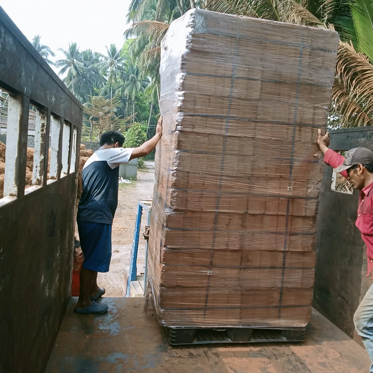Wrapped pallet of coir blocks being loaded into a container at the Indo Coco Flourish yard in Blitar